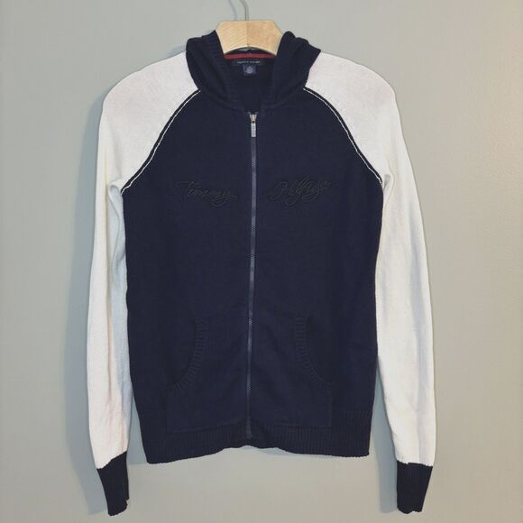 Vintage Tommy Hilfiger Women’s XS Full Zip Sweater Hood Navy/Ivory 2000’s - Picture 2 of 9